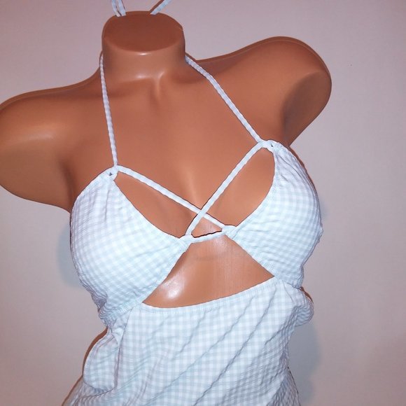 Victoria Secret‎ One Piece Swim Light Blue White Checkered Gingham Strappy New - Picture 3 of 11